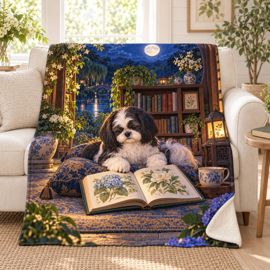 Moonlit Hydrangeas blanket, on a sofa