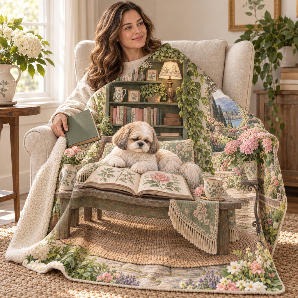 Garden Bench Nap blanket, wrapped around a reader