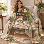 Garden Bench Nap blanket, wrapped around a reader