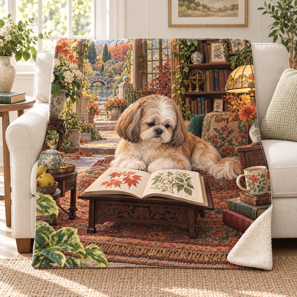 Autumn Cottage blanket, on a sofa