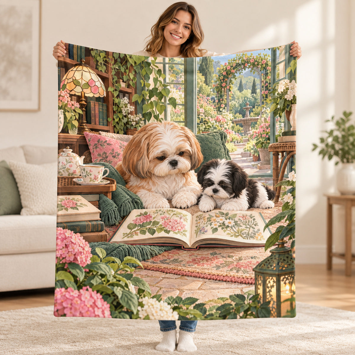 Two Shih Tzus blanket, held open