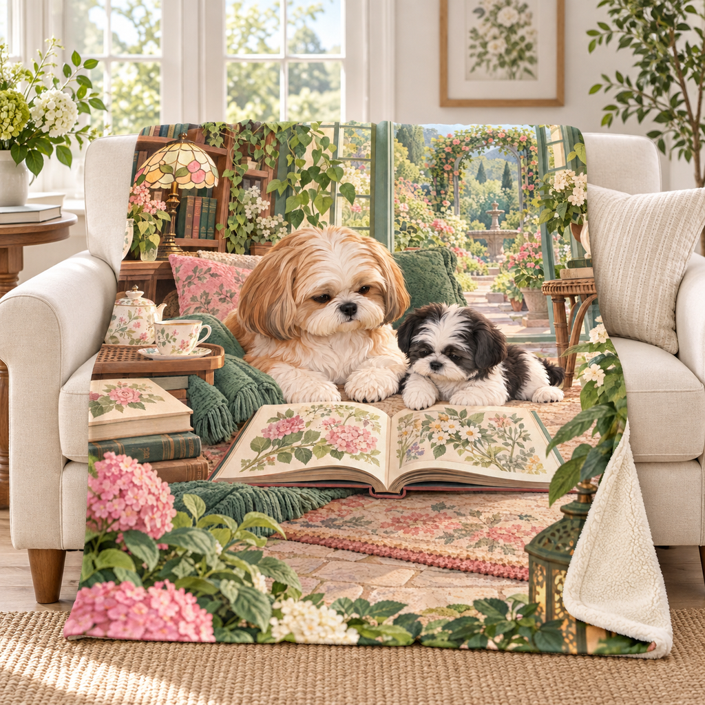 Two Shih Tzus blanket, on a sofa
