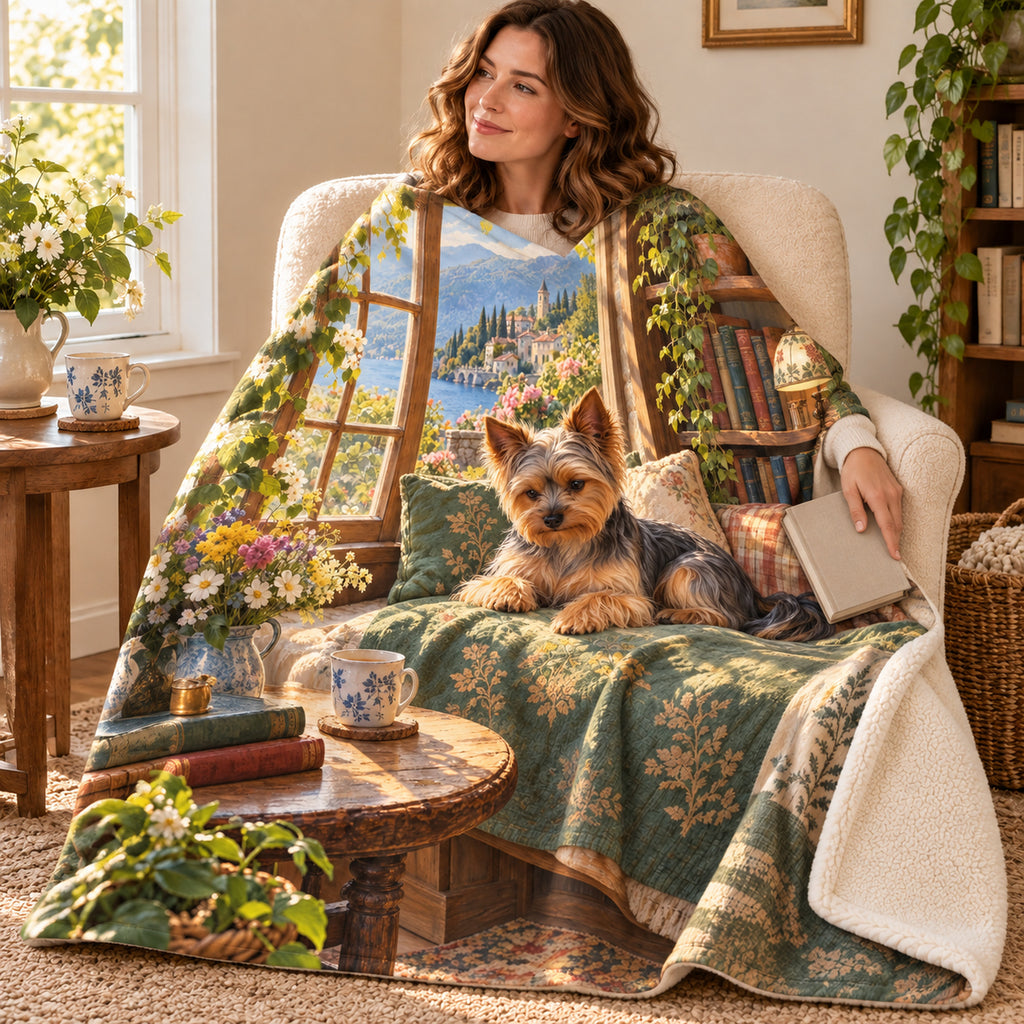 Lakeview Window blanket, wrapped around a reader