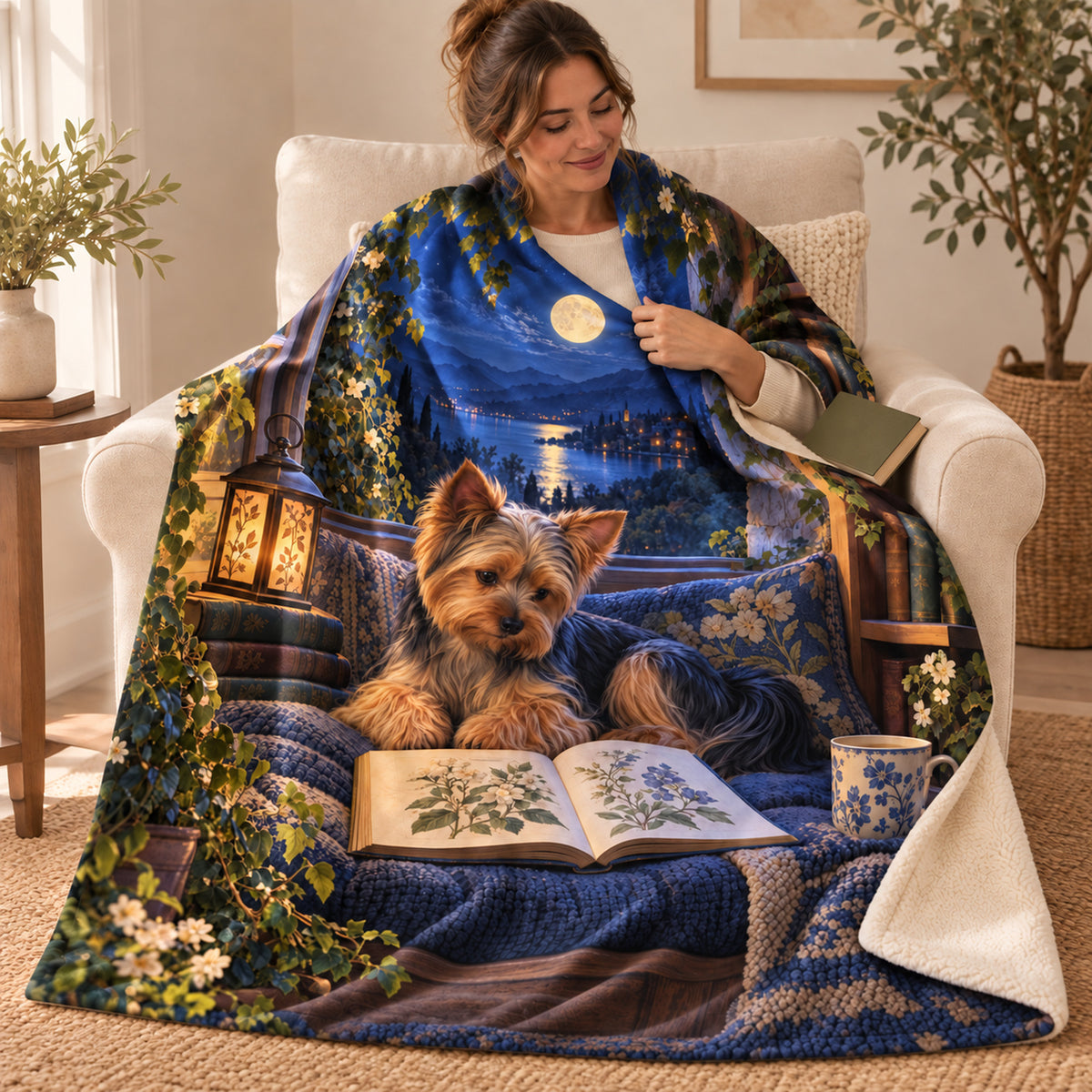 Moonlit Lake blanket, wrapped around a reader