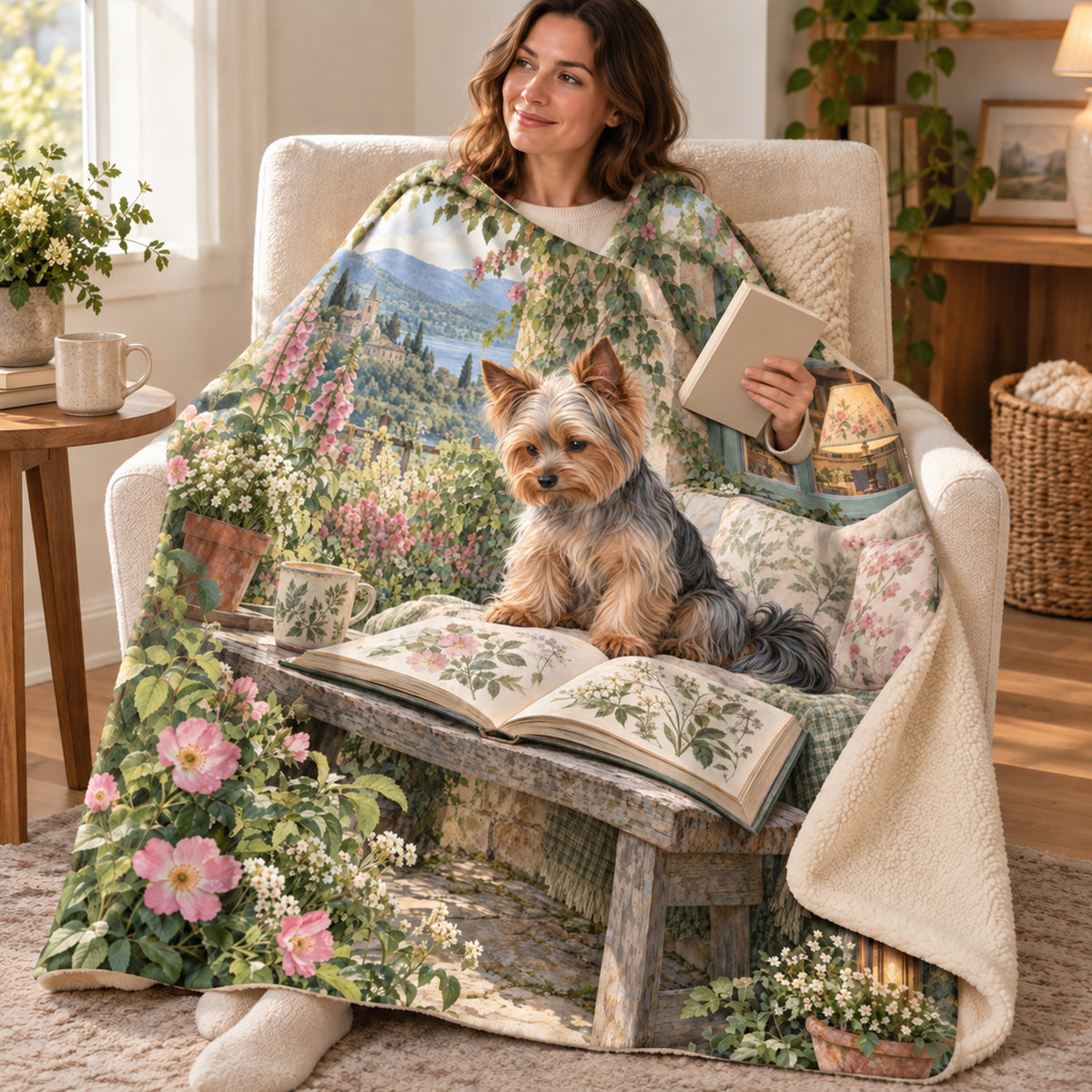 Mountain Bench blanket, wrapped around a reader