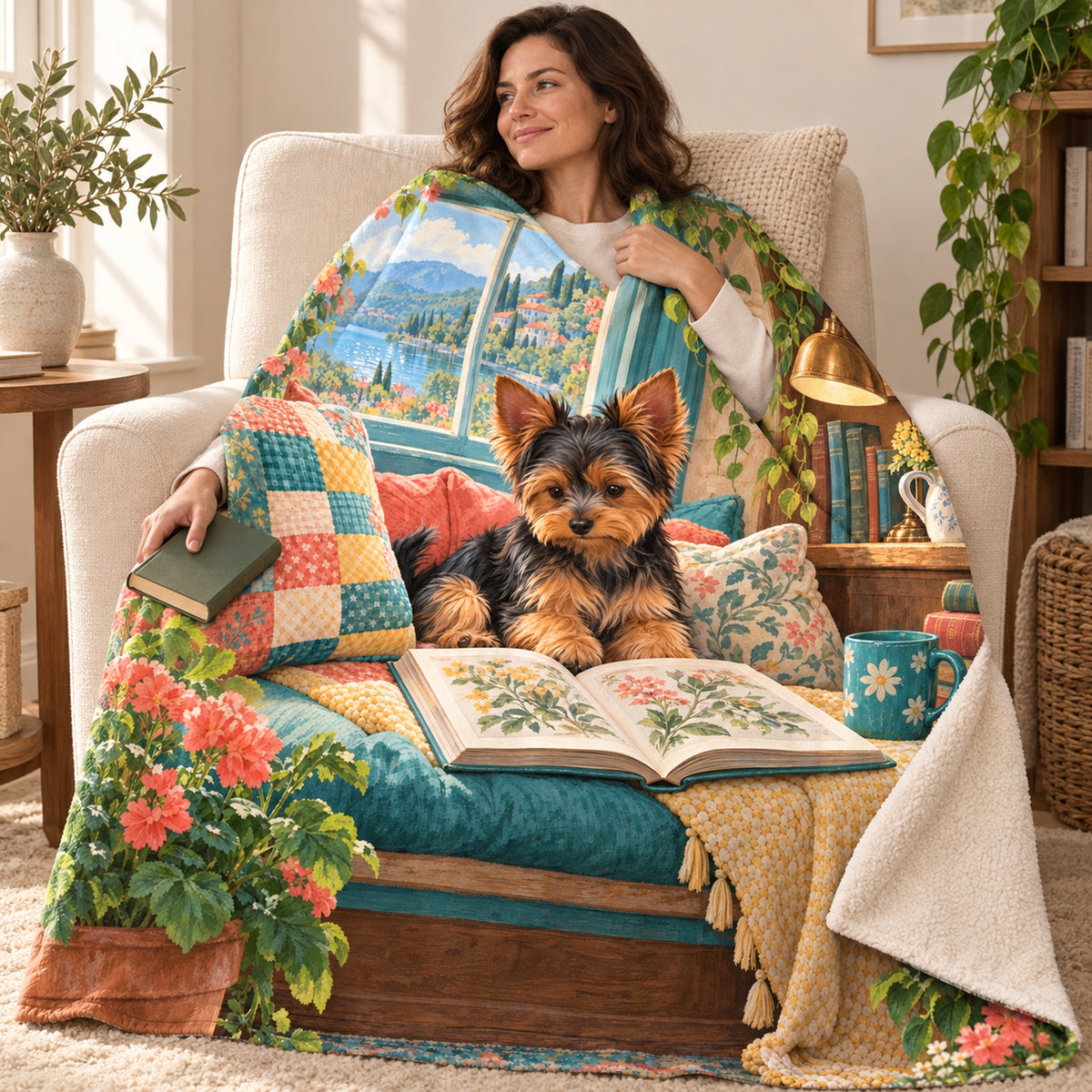 Patchwork Seat blanket, wrapped around a reader