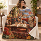Autumn Lakeview blanket, wrapped around a reader