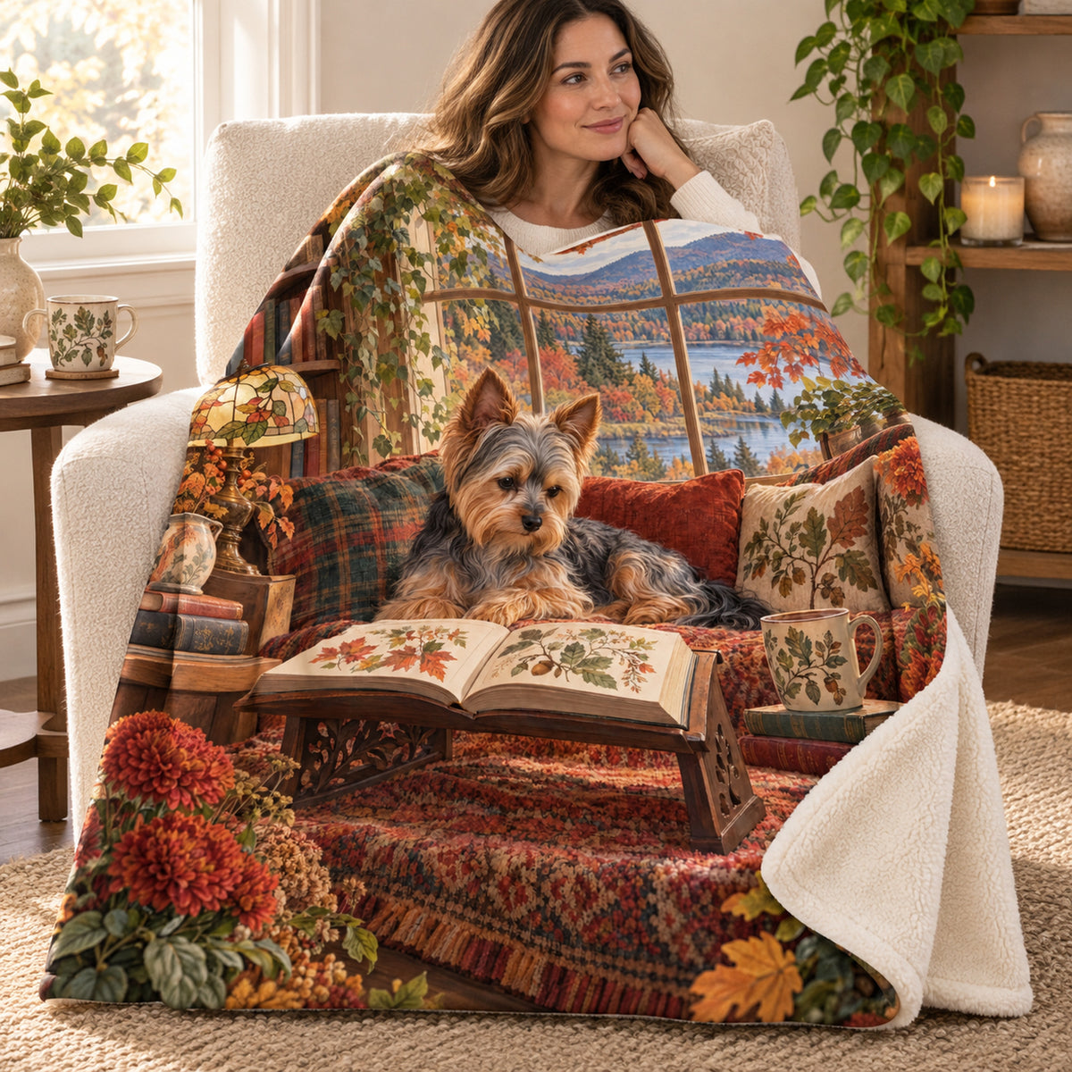 Autumn Lakeview blanket, wrapped around a reader