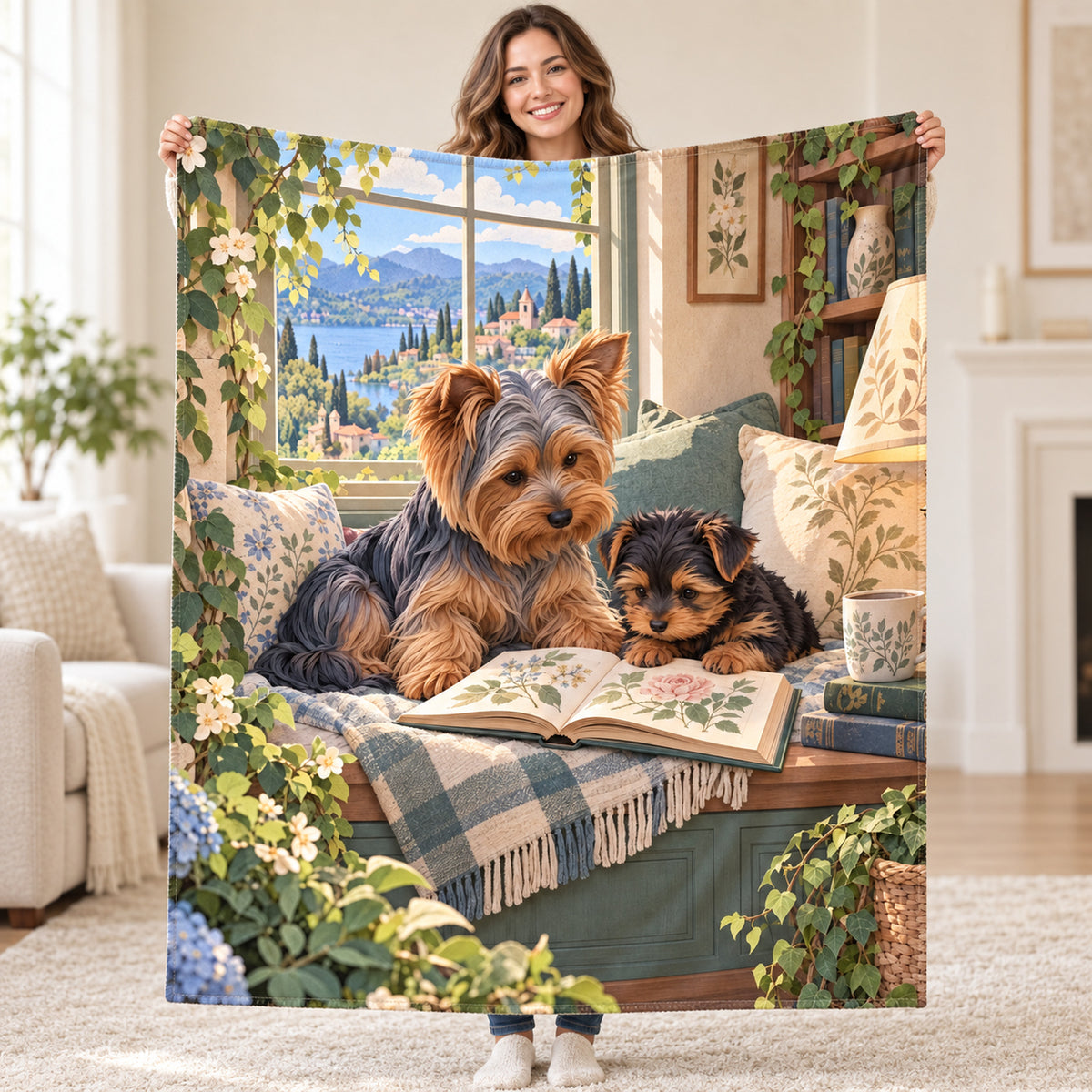 Yorkie and Pup blanket, held open
