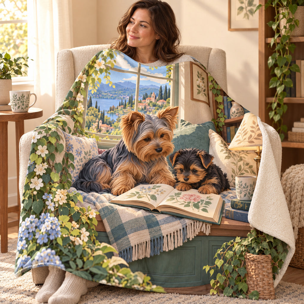 Yorkie and Pup blanket, wrapped around a reader