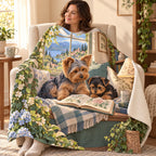 Yorkie and Pup blanket, wrapped around a reader