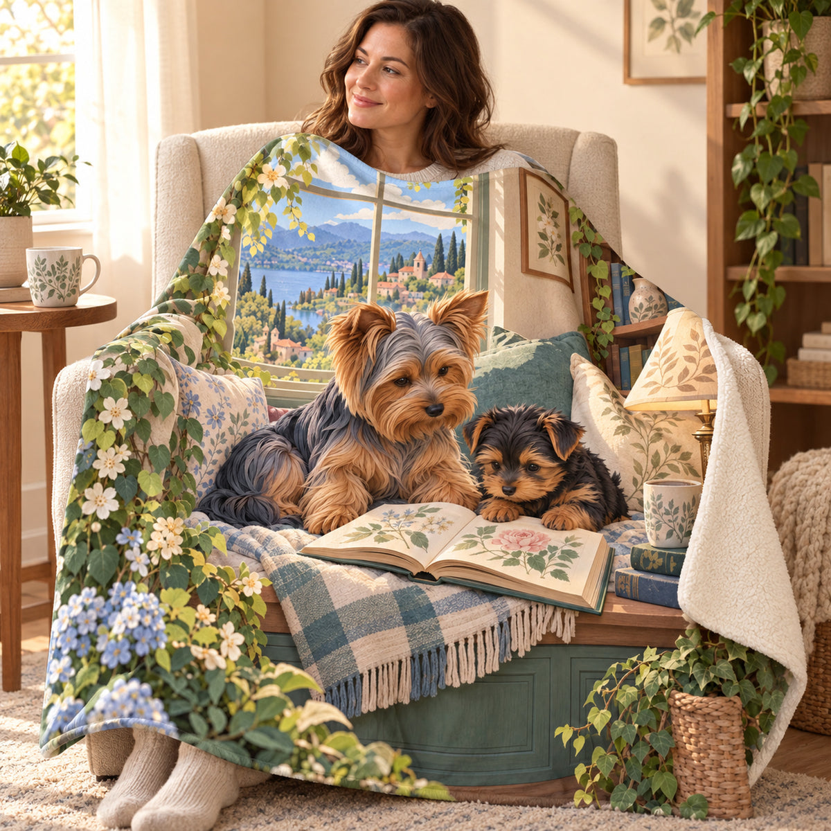 Yorkie and Pup blanket, wrapped around a reader