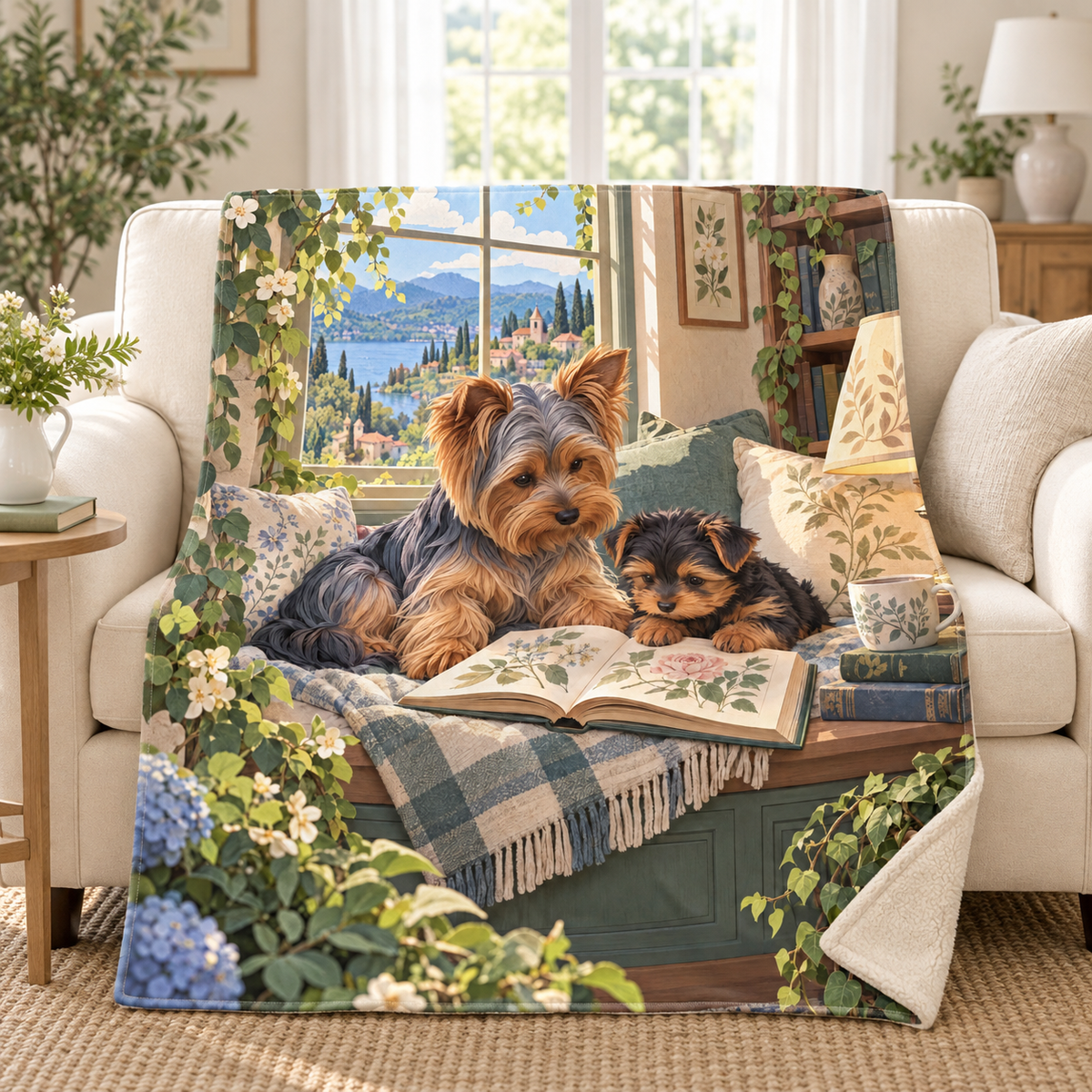 Yorkie and Pup blanket, on a sofa
