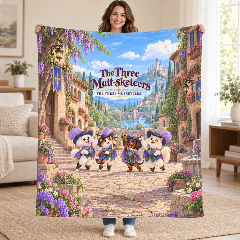 The Three Mutt-sketeers - Maltese blanket, held open