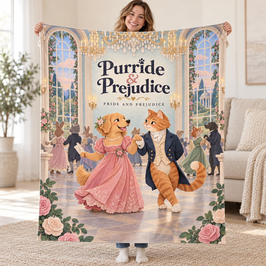 Purride & Prejudice - Golden Retriever blanket, held open