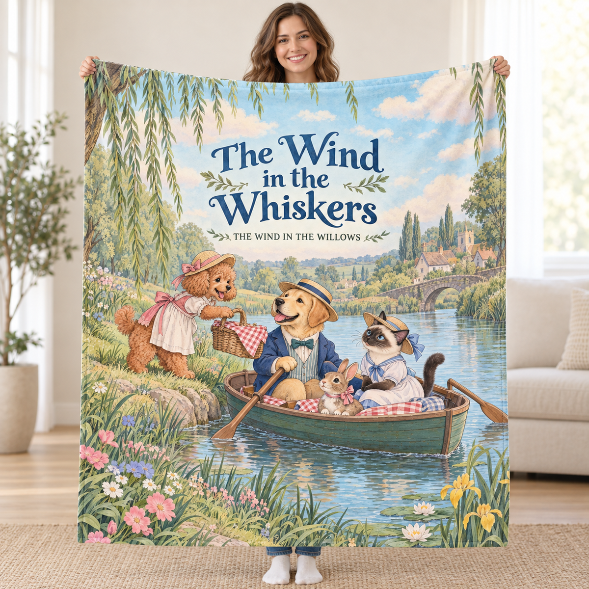 The Wind in the Whiskers - yellow Labrador Retriever blanket, held open