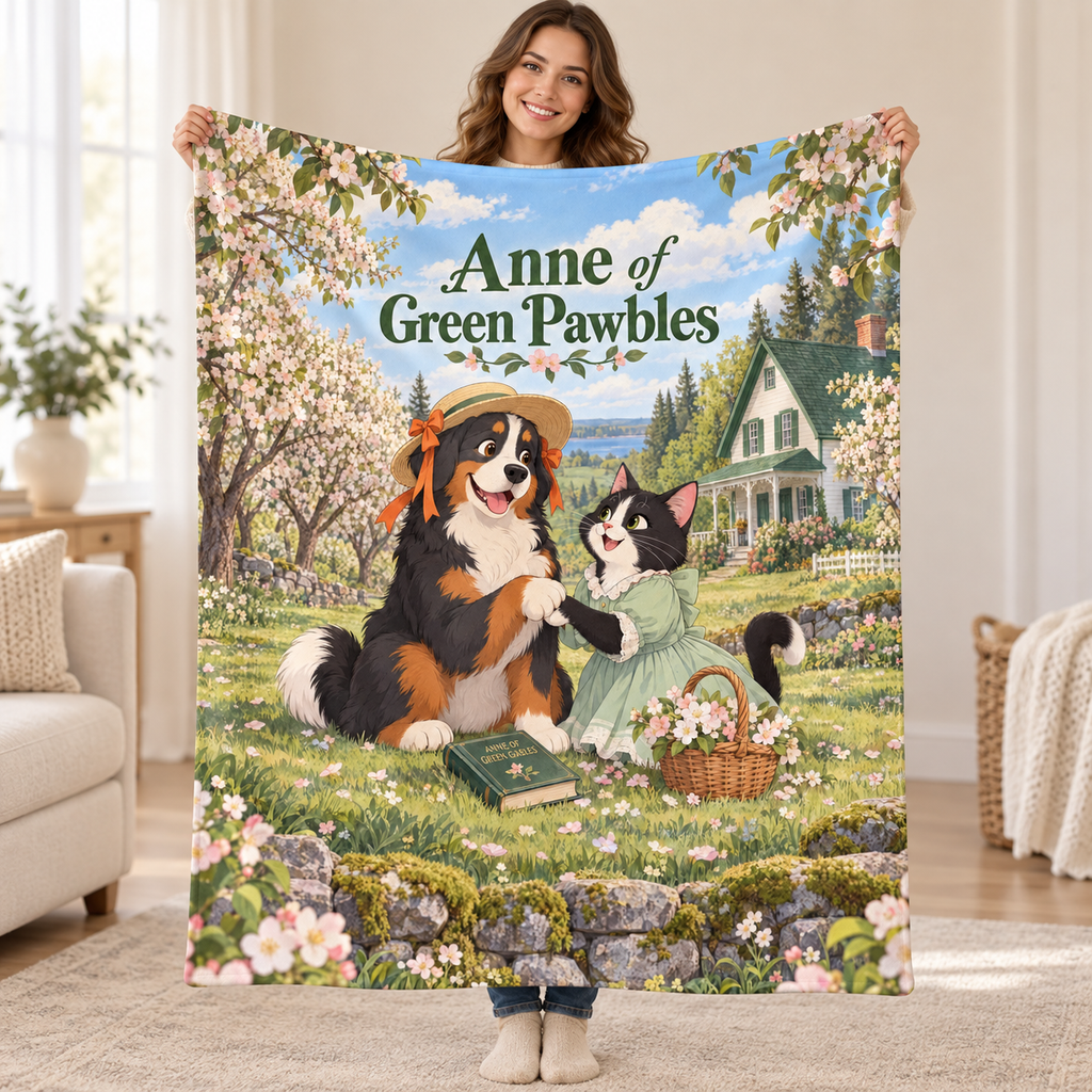 Anne of Green Pawbles - Bernese Mountain Dog blanket, held open