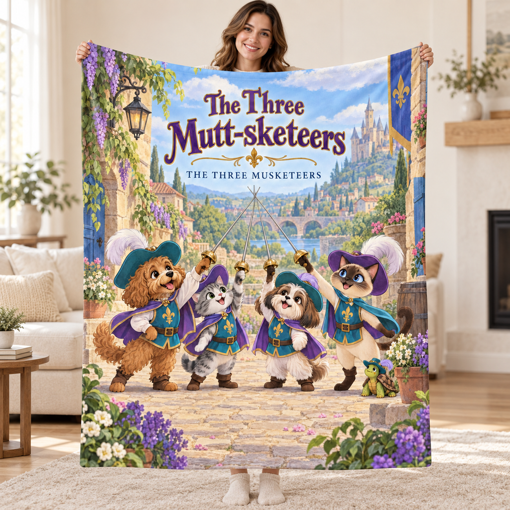The Three Mutt-sketeers - Cockapoo blanket, held open