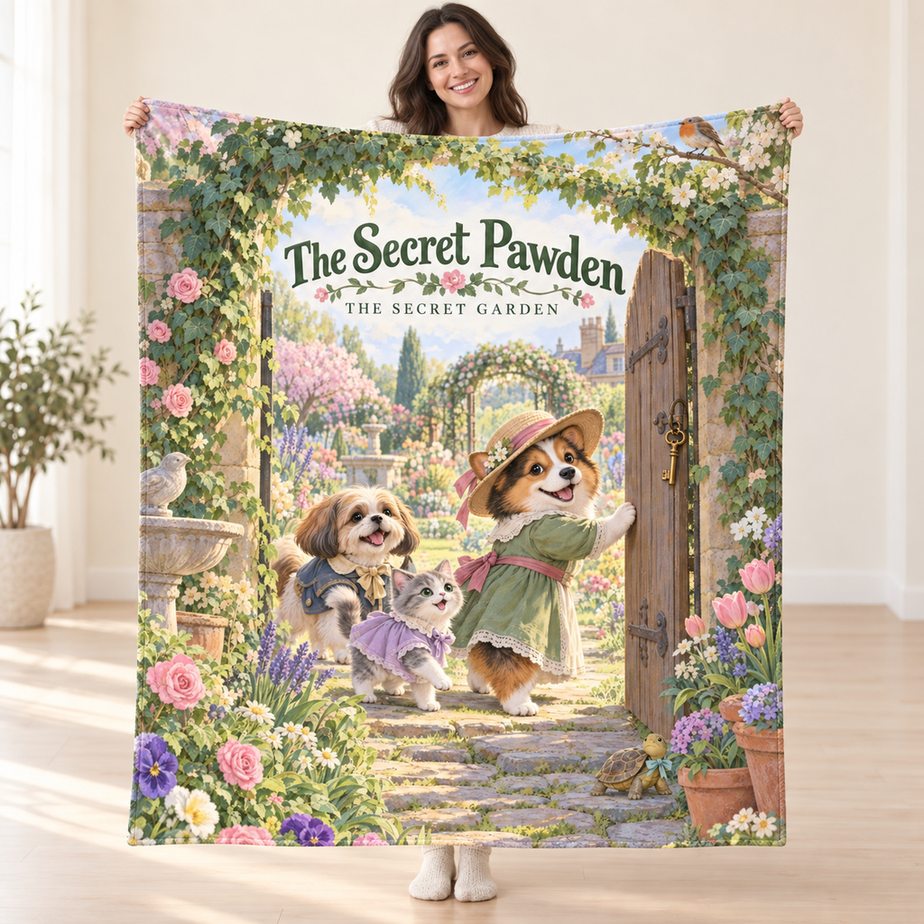The Secret Pawden - tricolor Corgi blanket, held open