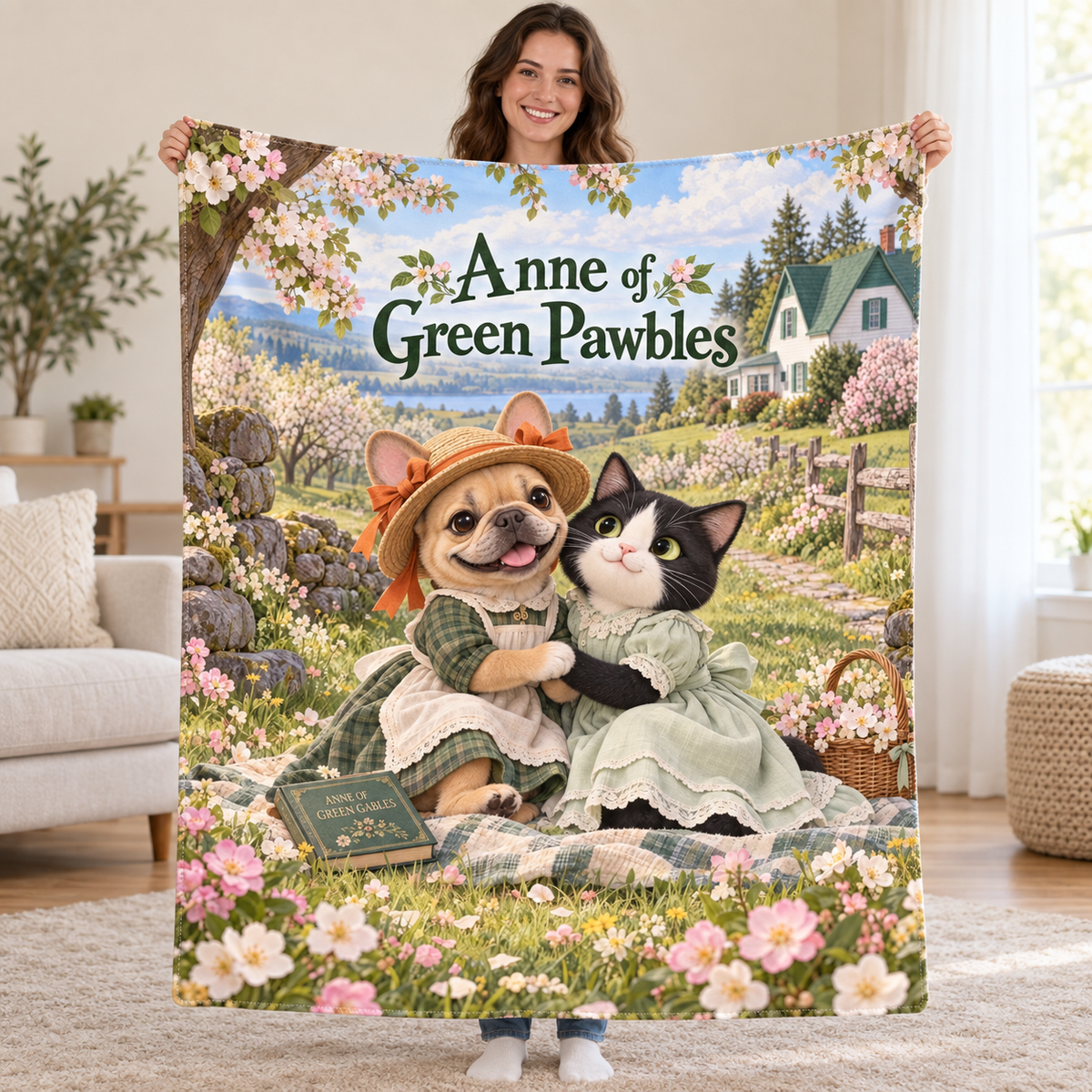 Anne of Green Pawbles - fawn French Bulldog blanket, held open