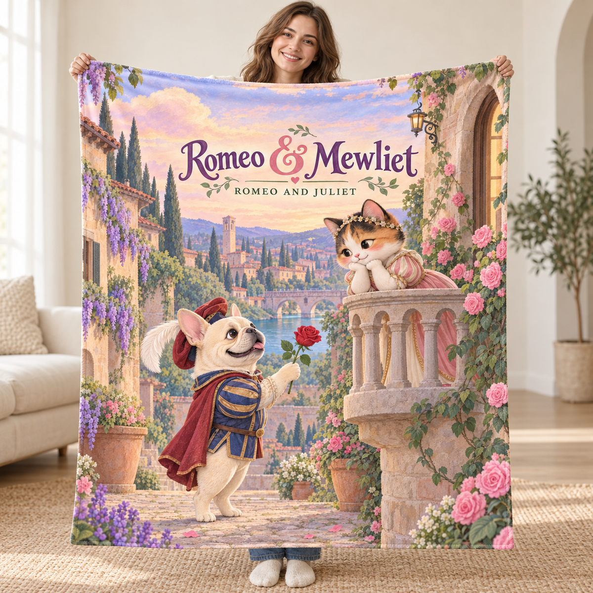Romeo & Mewliet - cream French Bulldog blanket, held open
