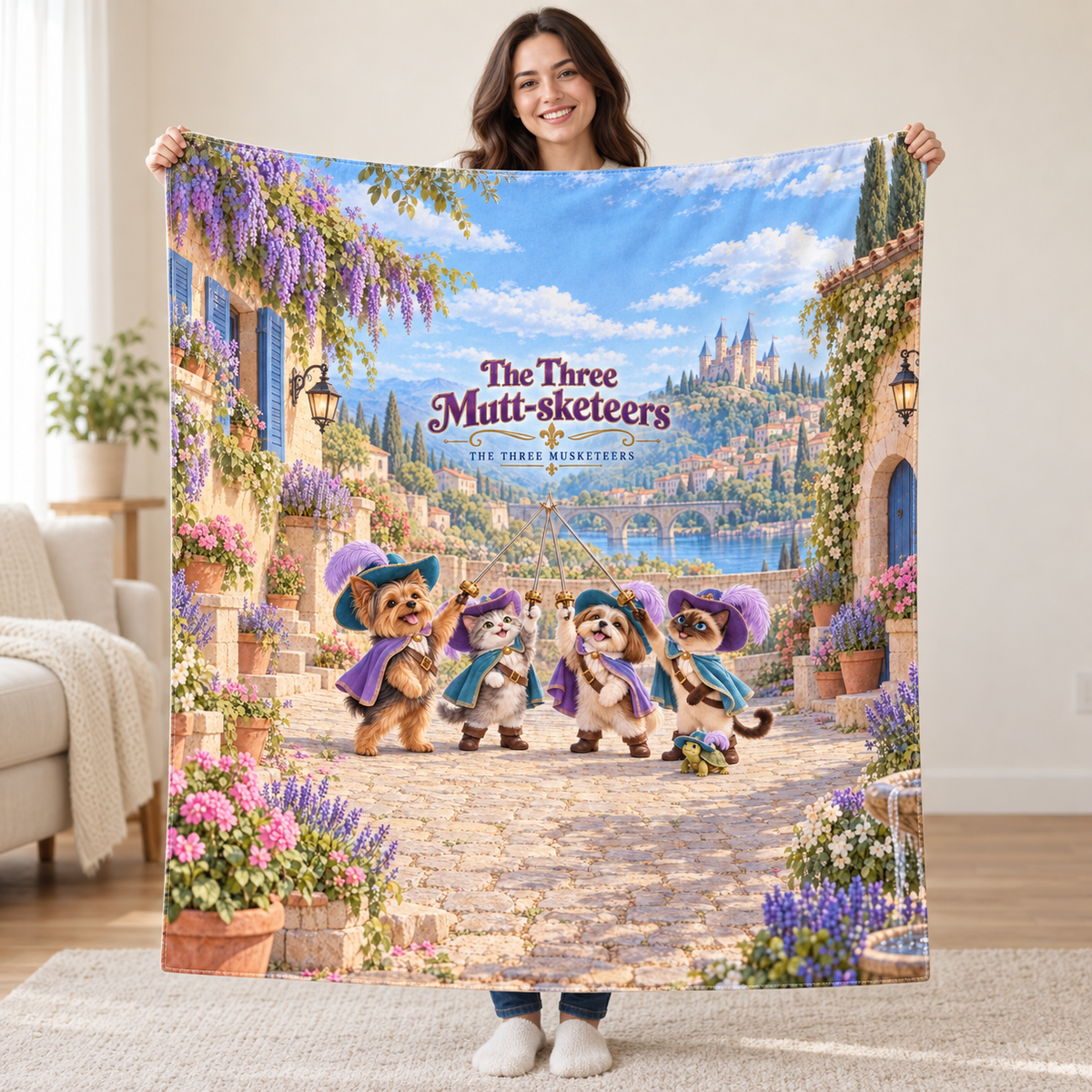 The Three Mutt-sketeers - Yorkshire Terrier blanket, held open