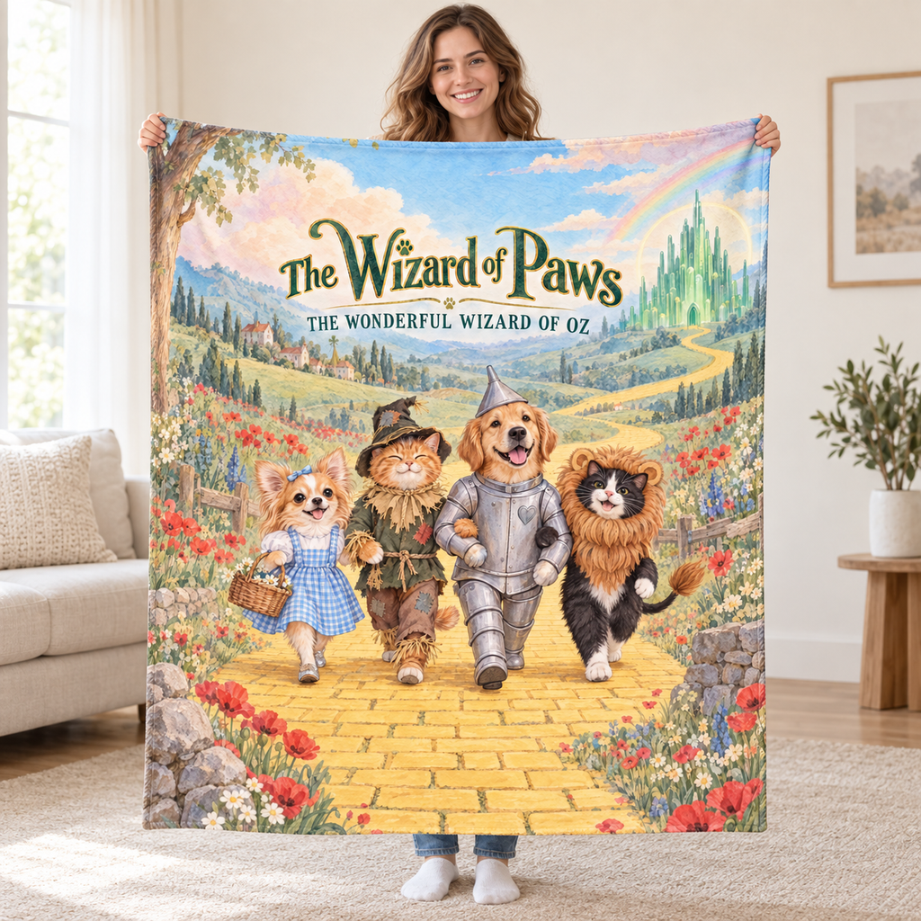 The Wizard of Paws - longhaired Chihuahua blanket, held open