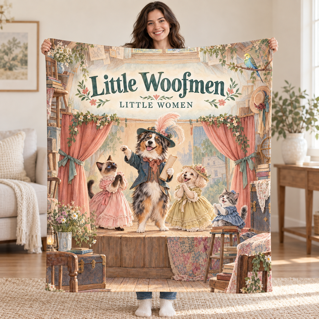 Little Woofmen - Australian Shepherd blanket, held open