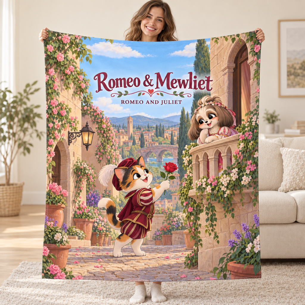 Romeo & Mewliet - calico cat blanket, held open