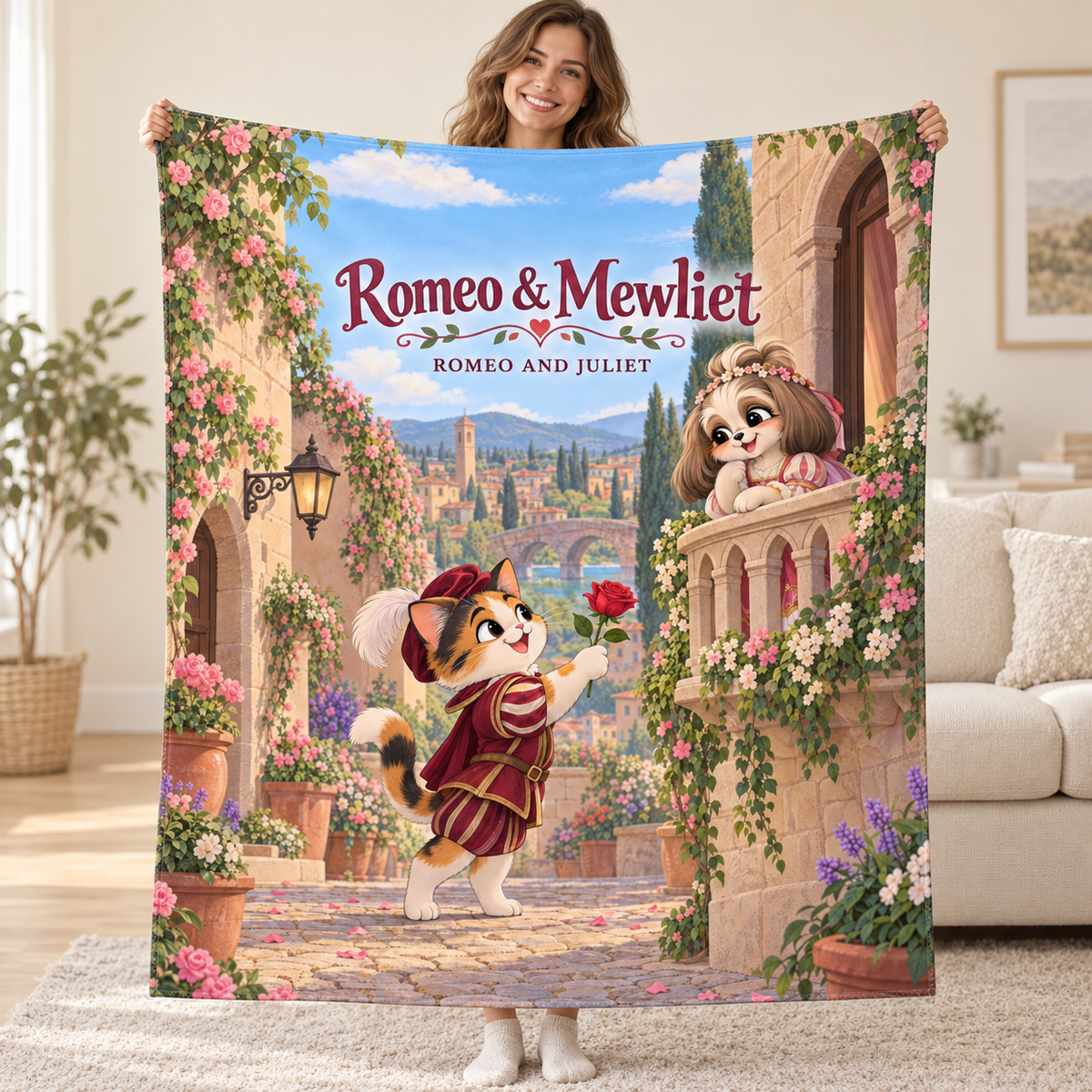 Romeo & Mewliet - calico cat blanket, held open