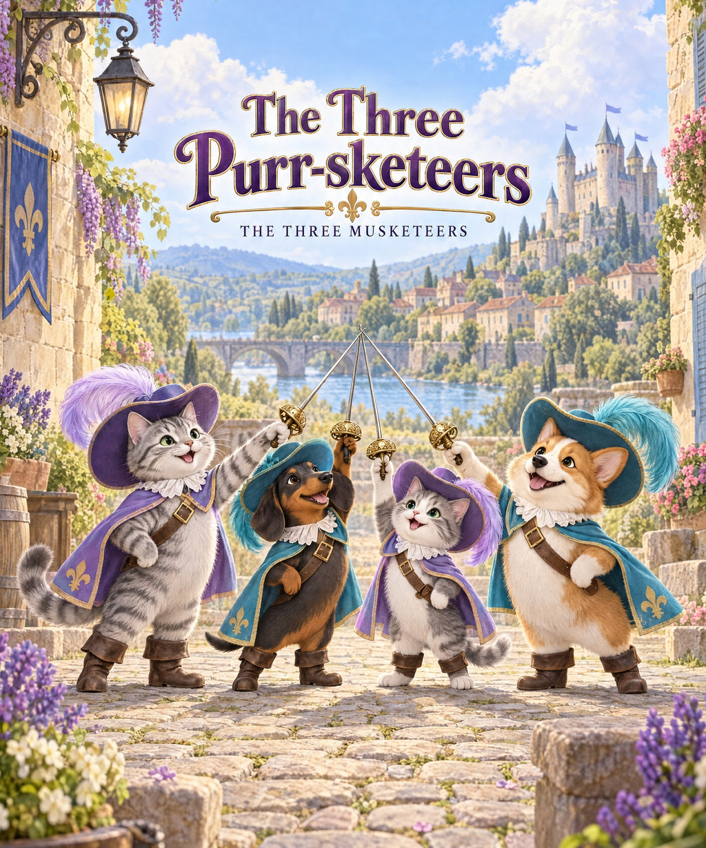 The Three Purr-sketeers - silver tabby cat blanket, full design