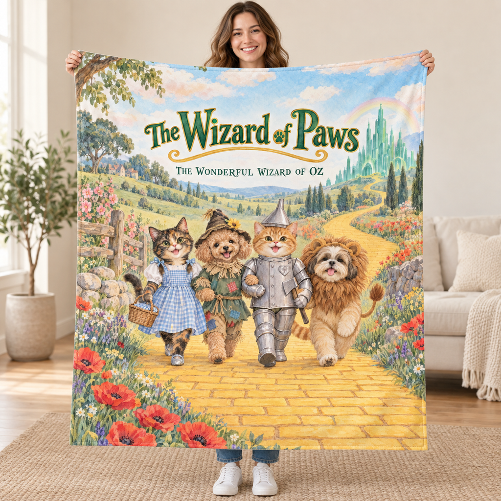 The Wizard of Paws - tortoiseshell cat blanket, held open