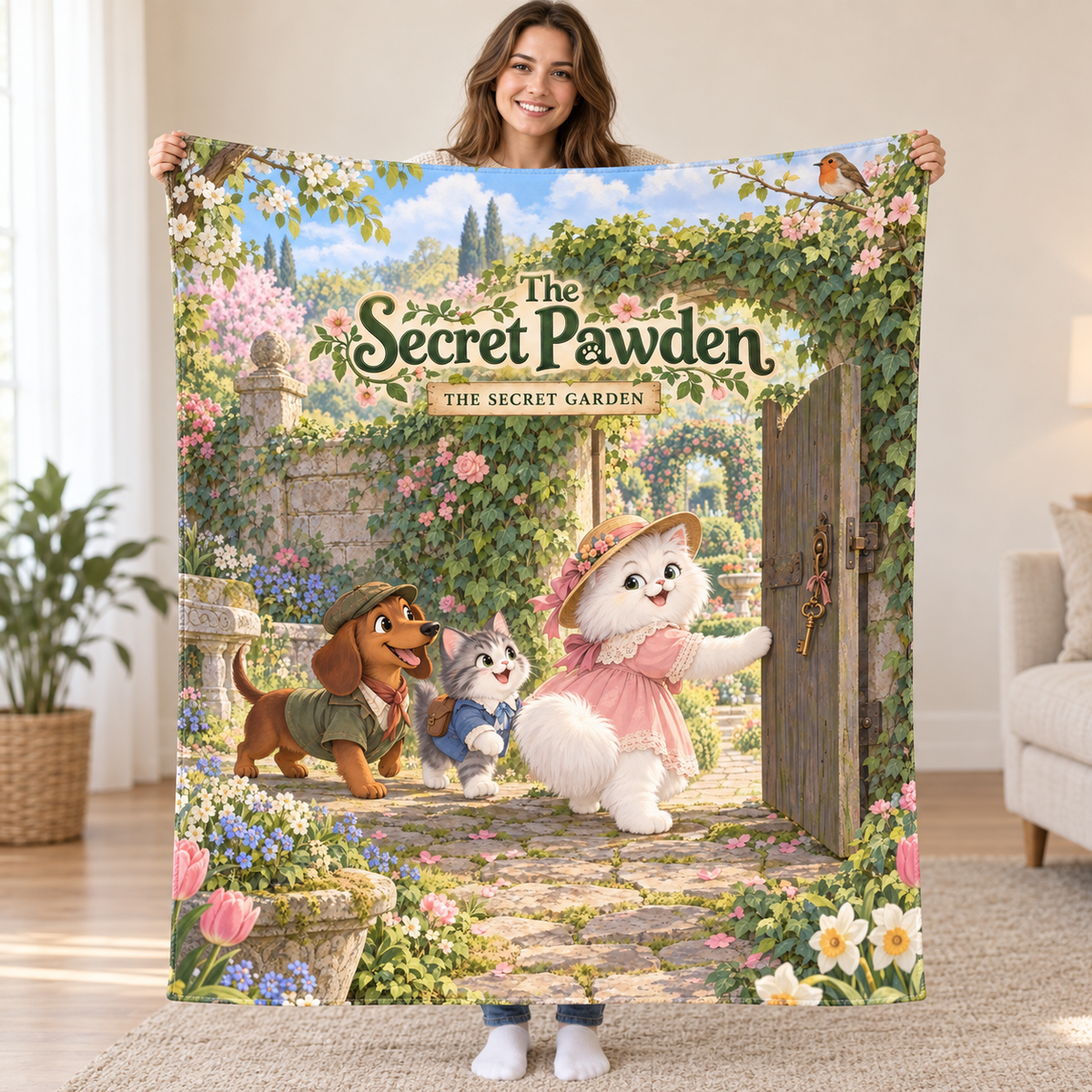 The Secret Pawden - Persian cat blanket, held open
