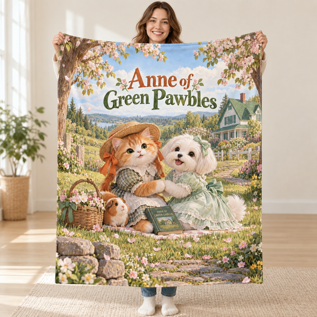 Anne of Green Pawbles - British Longhair cat blanket, held open