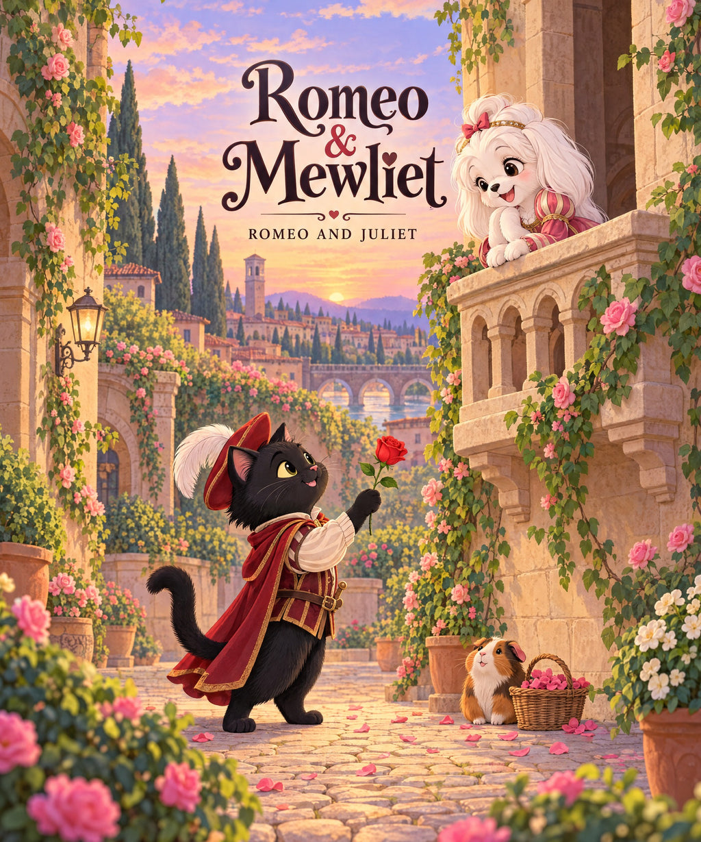 Romeo & Mewliet - black domestic shorthair cat blanket, full design