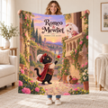 Romeo & Mewliet - black domestic shorthair cat blanket, held open