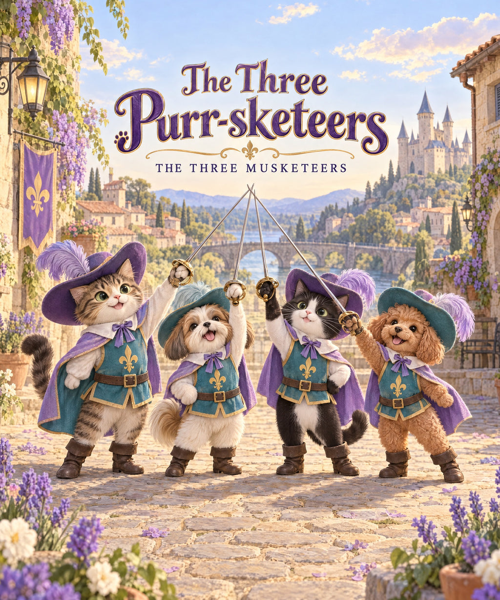 The Three Purr-sketeers - mixed-breed rescue cat blanket, full design