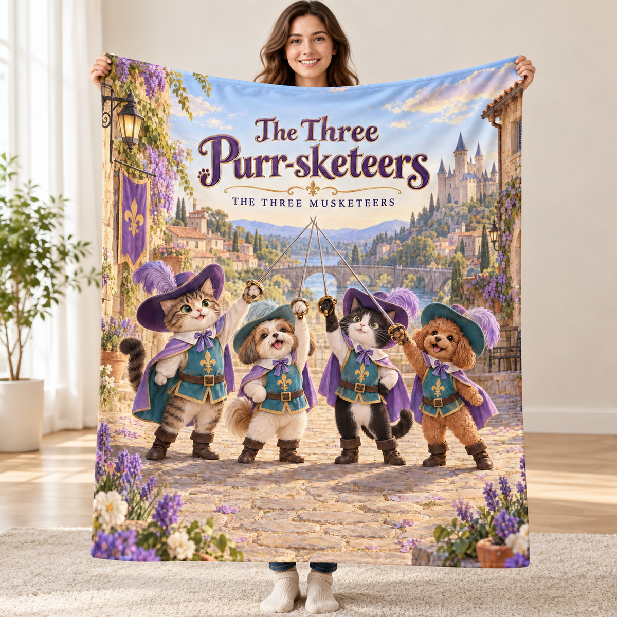 The Three Purr-sketeers - mixed-breed rescue cat blanket, held open