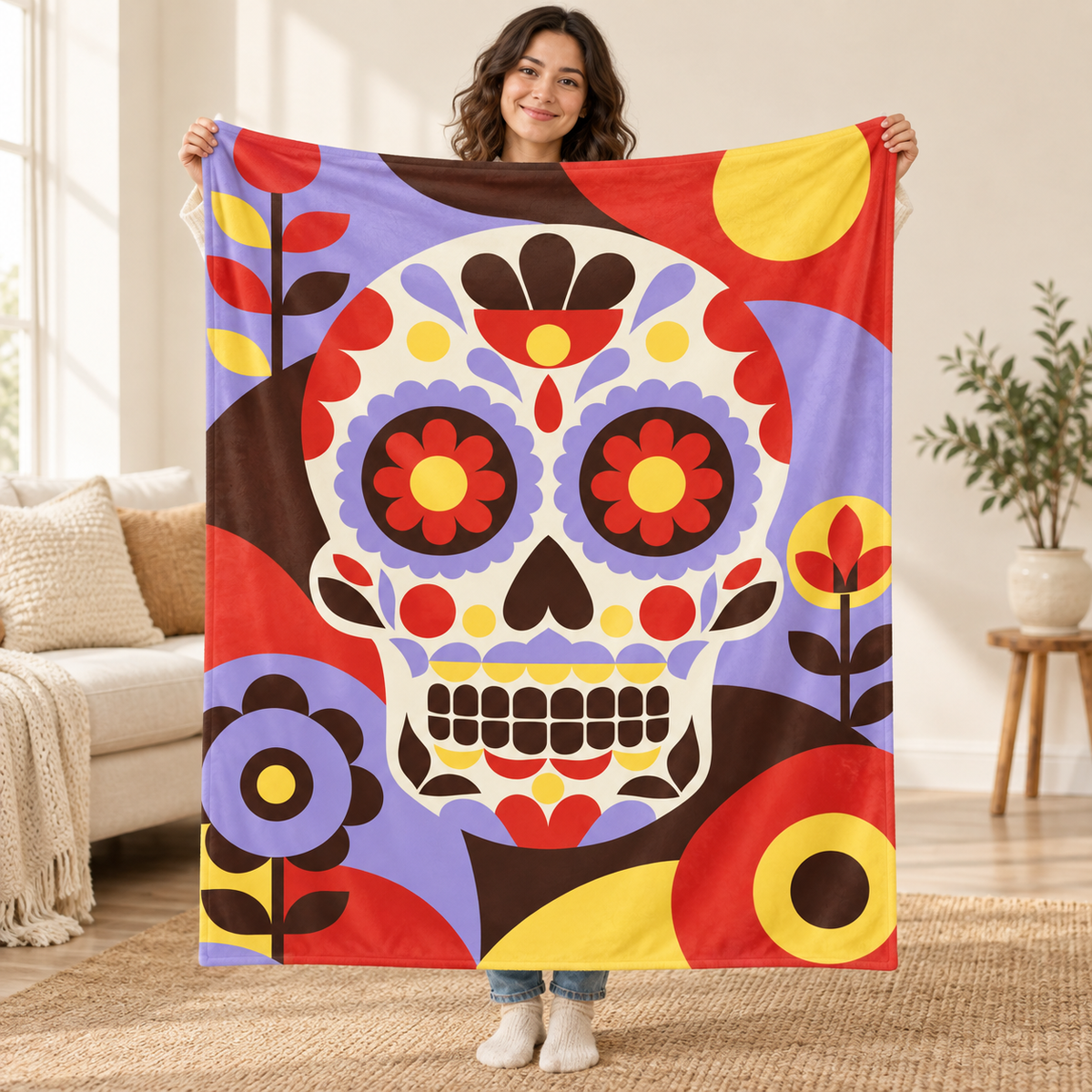 Geometric Calavera blanket, held open