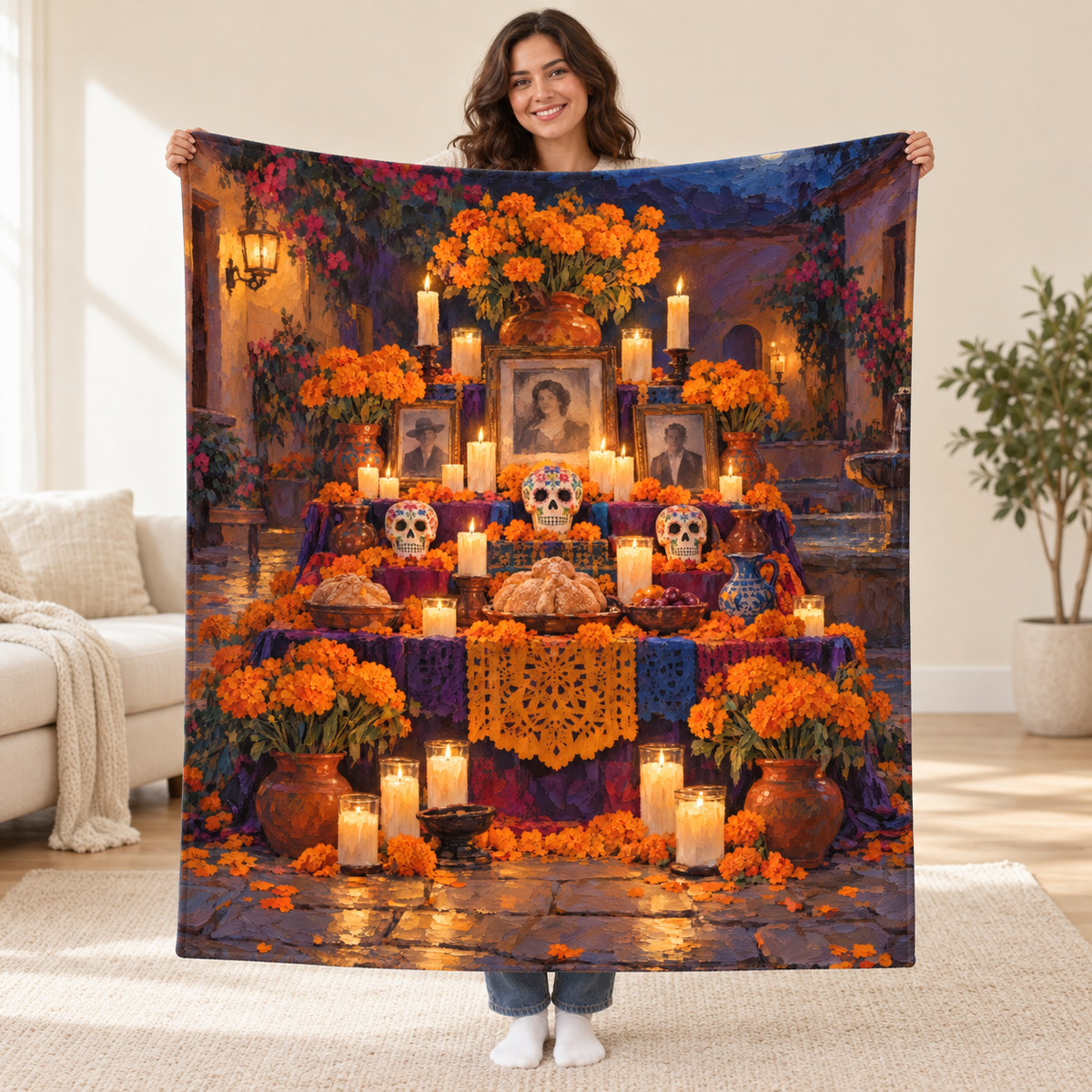Candlelit Ofrenda blanket, held open