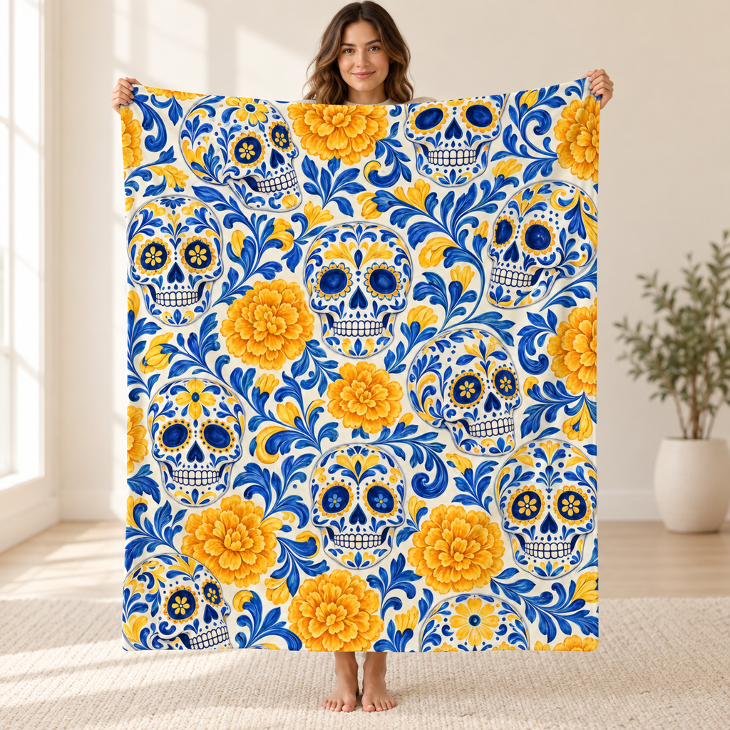 Talavera Calaveras blanket, held open