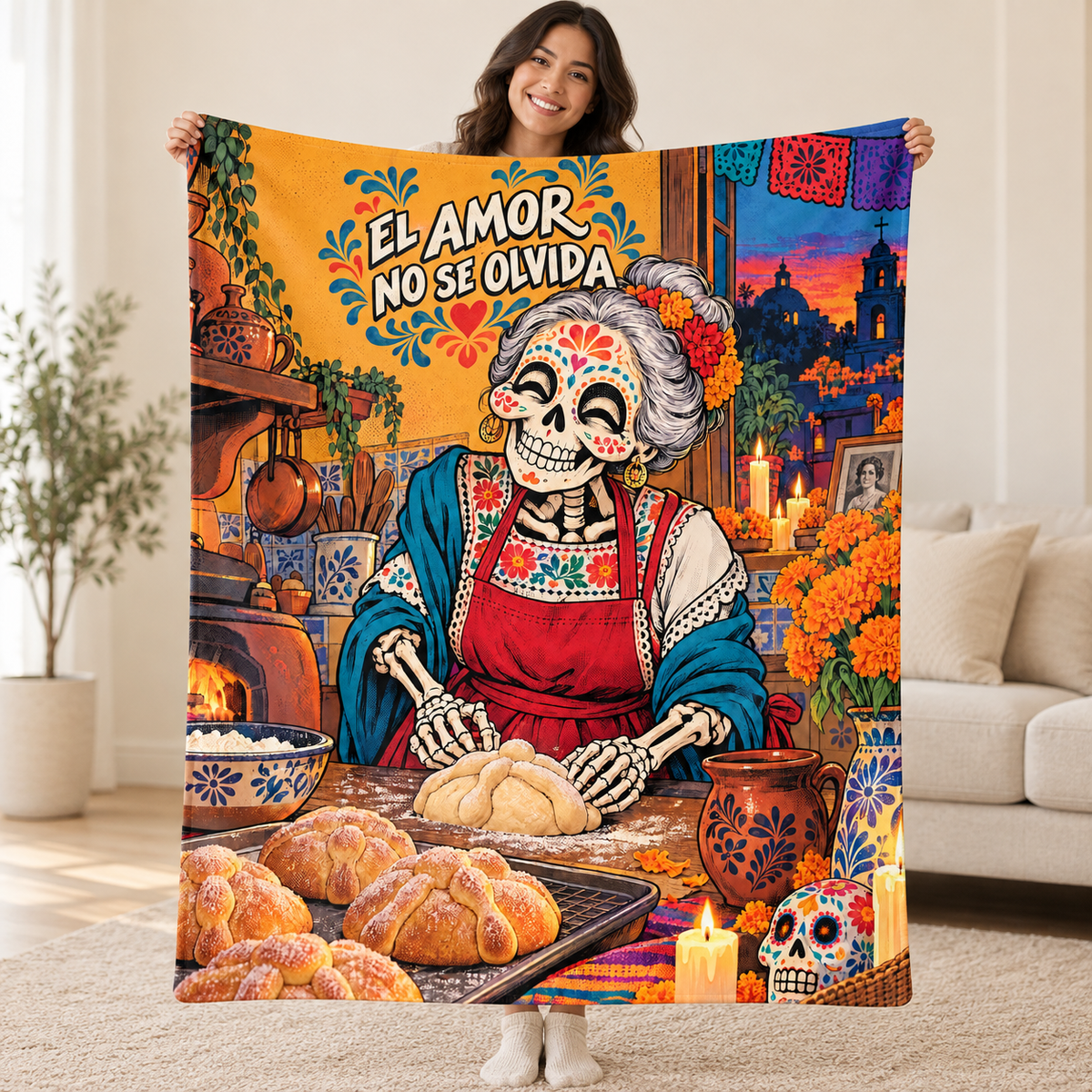 El Amor No Se Olvida blanket, held open