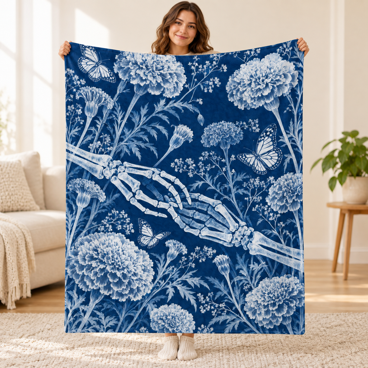 Blueprint Marigolds blanket, held open