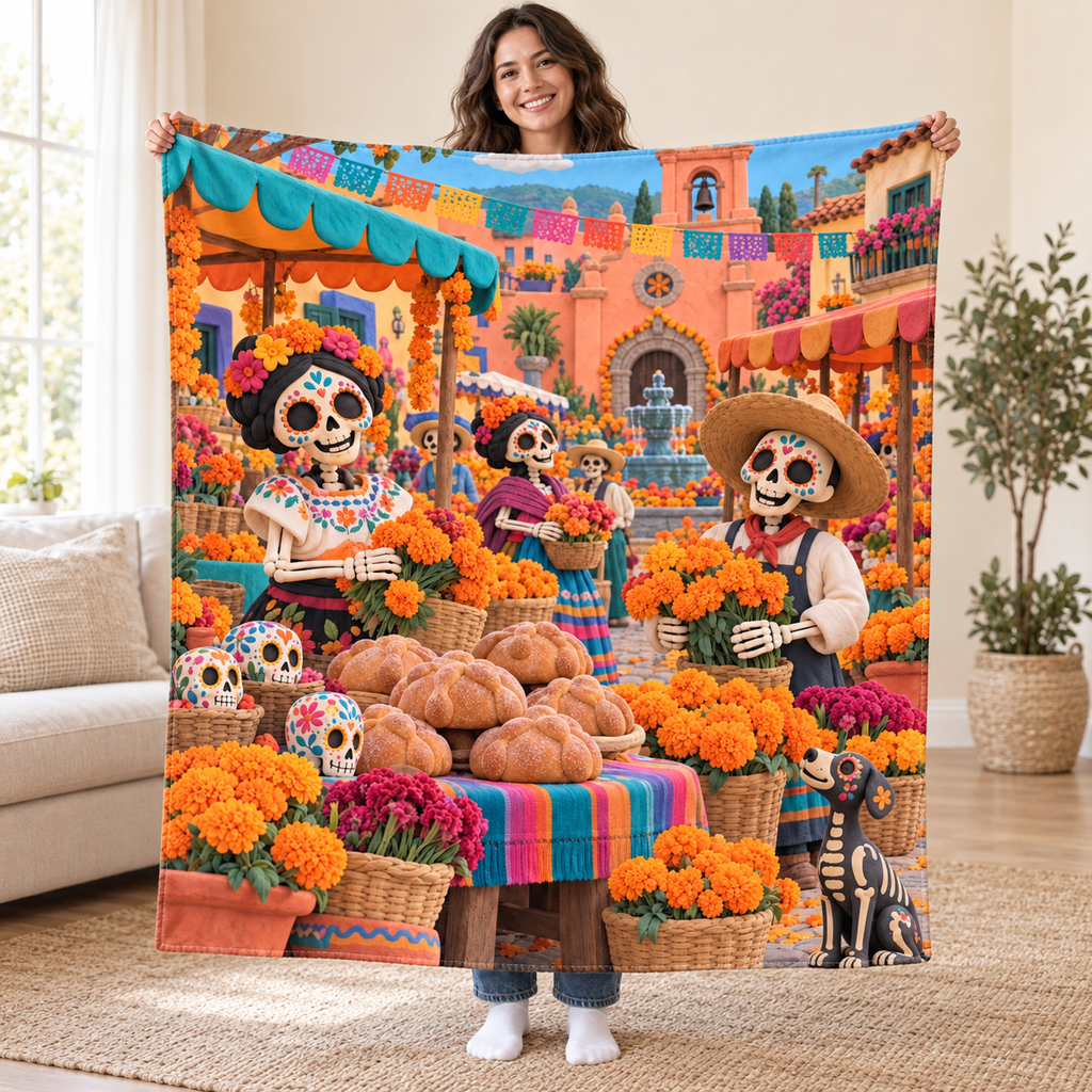 Market Day blanket, held open