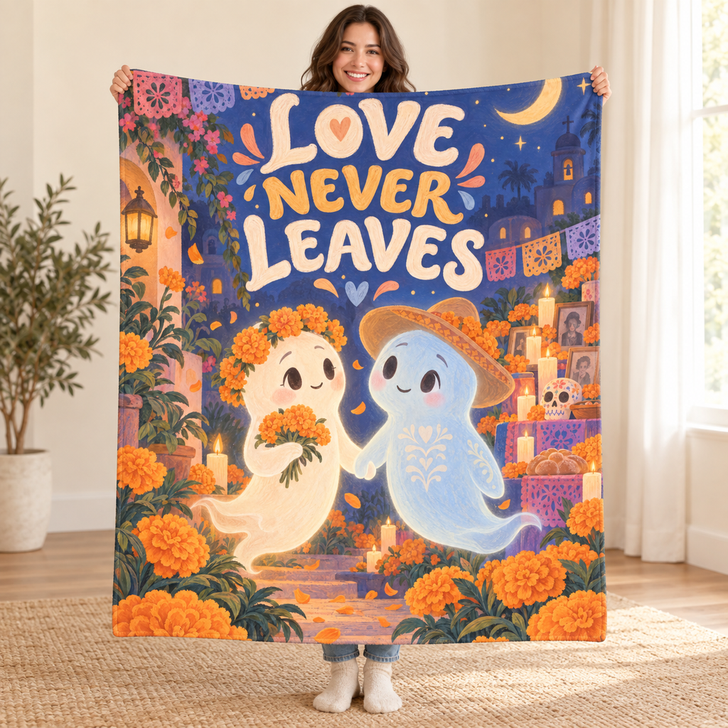 Love Never Leaves blanket, held open