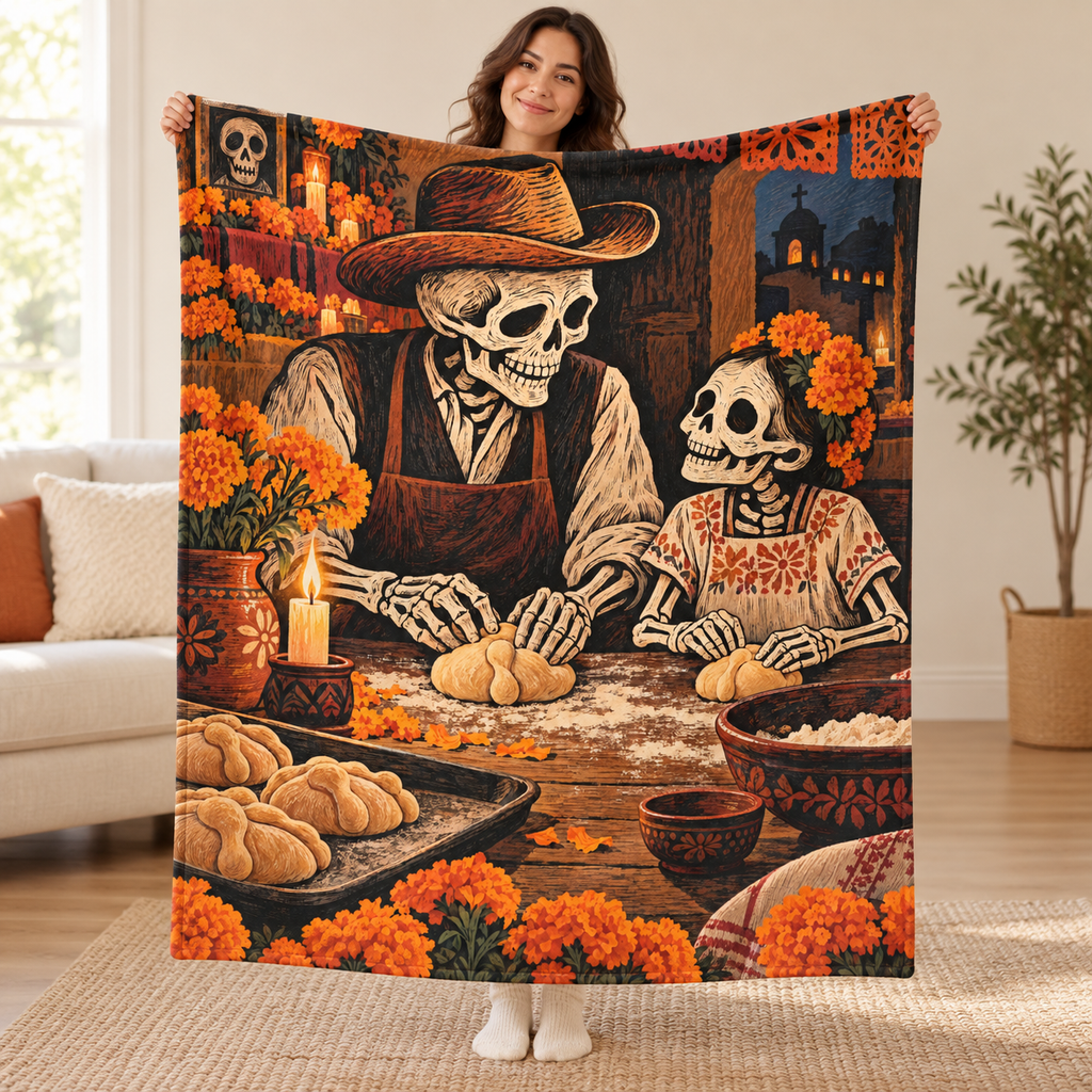 Baking Pan de Muerto blanket, held open