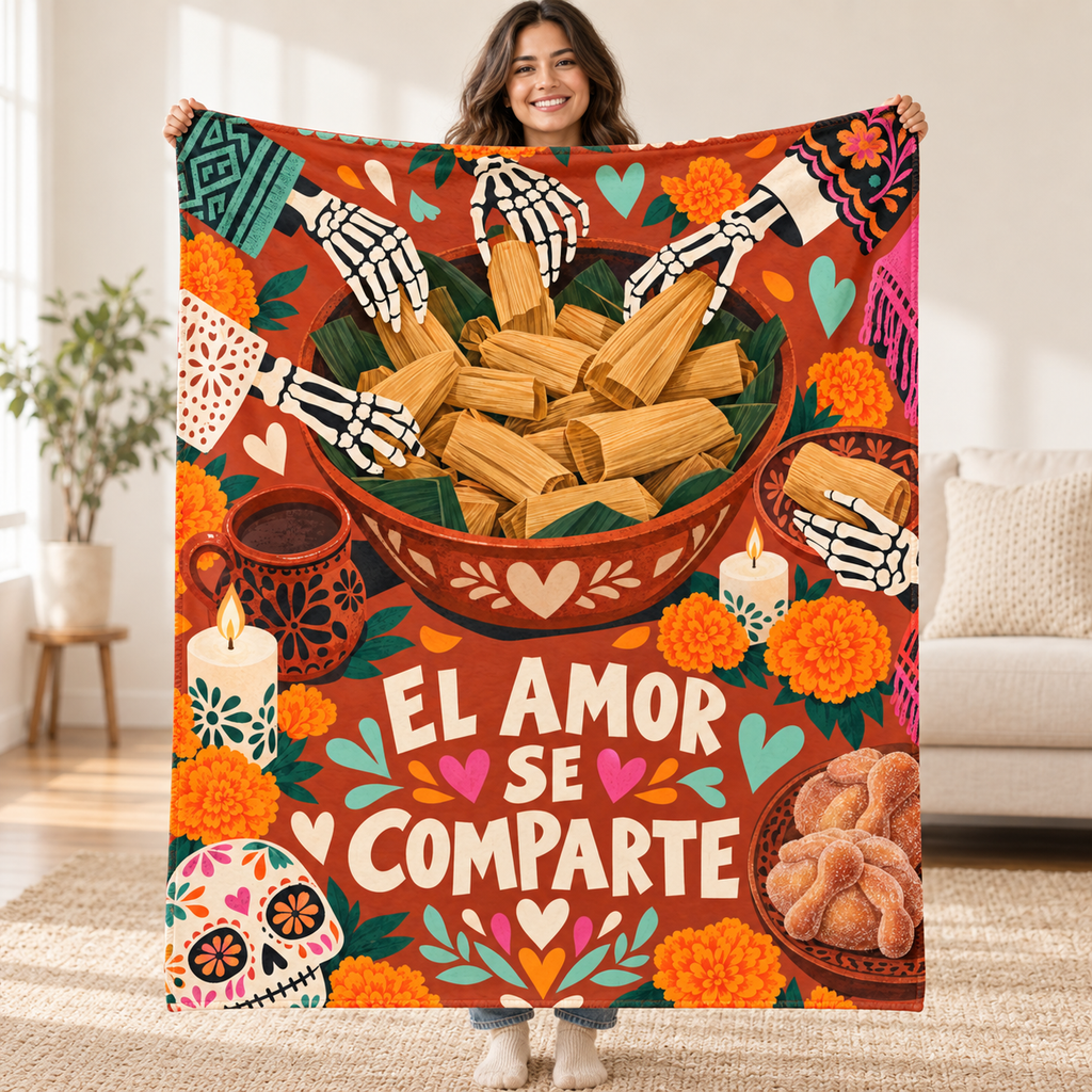 El Amor Se Comparte blanket, held open