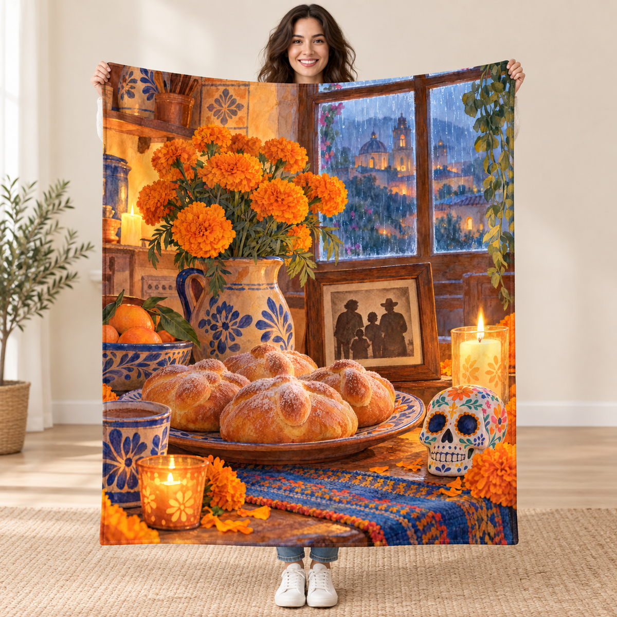 Pan de Muerto by the Window blanket, held open