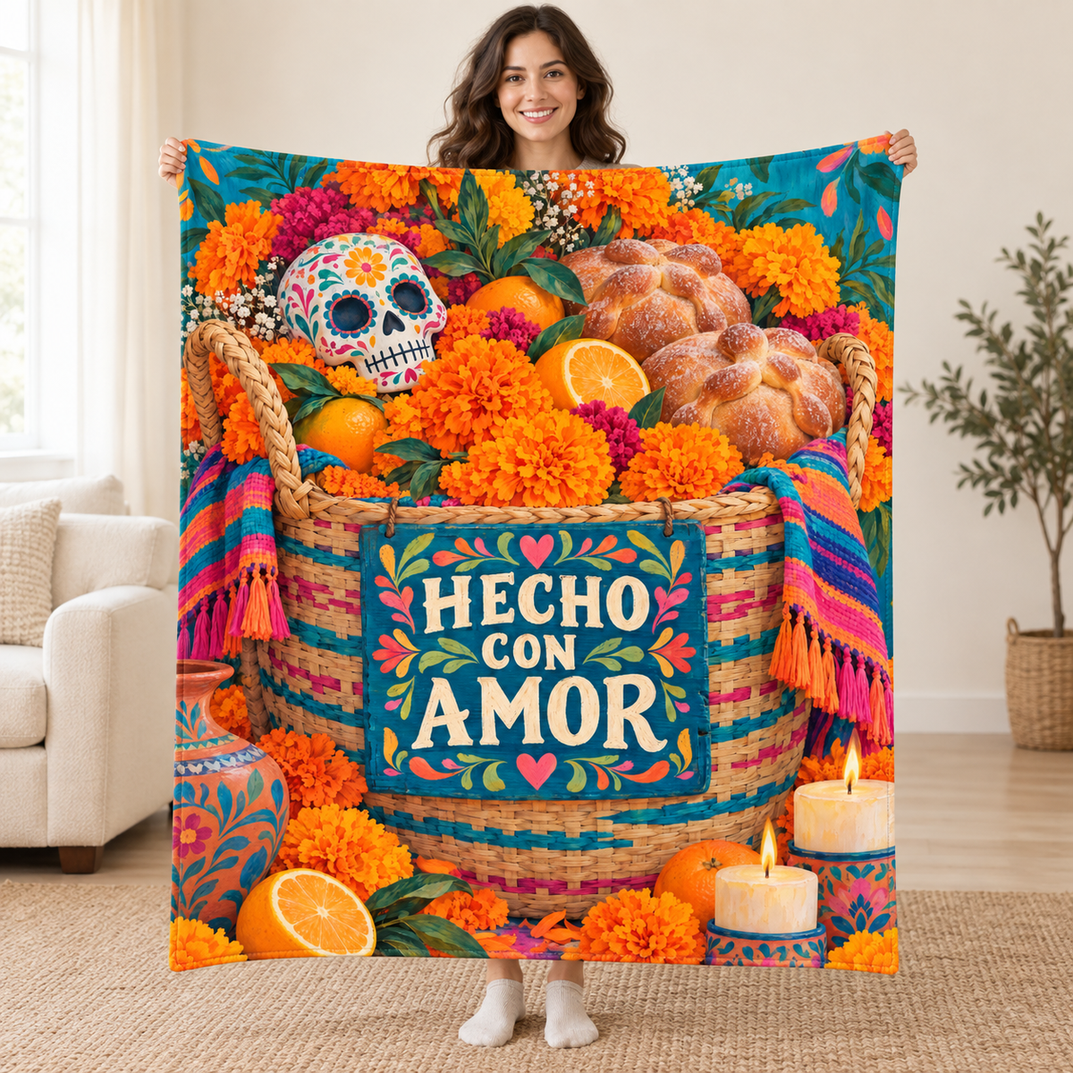 Hecho con Amor blanket, held open