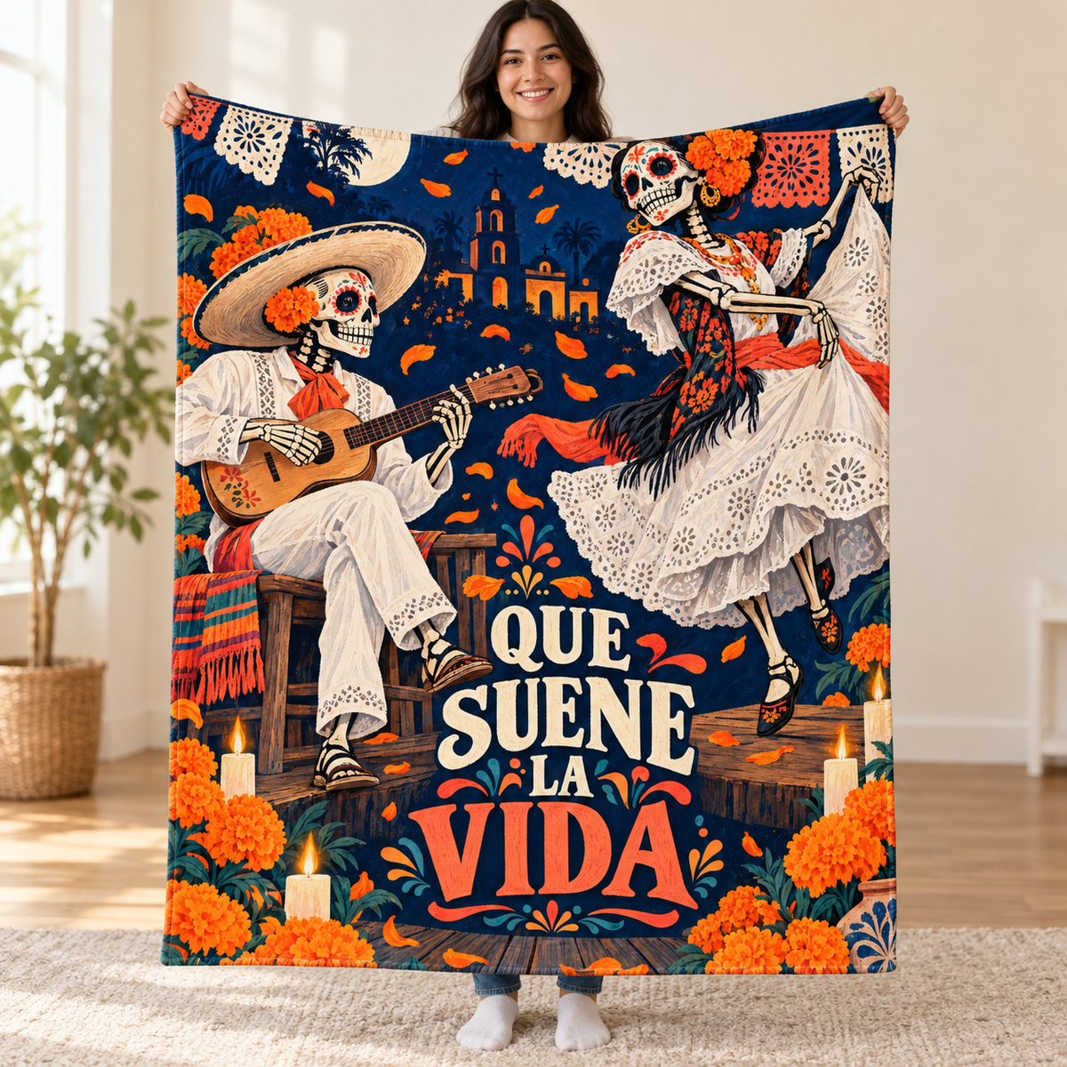 Que Suene la Vida blanket, held open